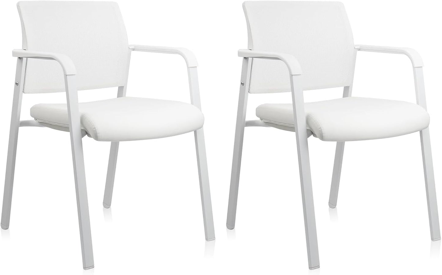 CLATINA Stacking Office Chairs | Mesh Back, Thicken Leather Seat and Arms, Ergonomic Lumbar Support | Guest Reception, Waiting, Conference, School, Party, Customer, Side, Stationary | Set of 2, White