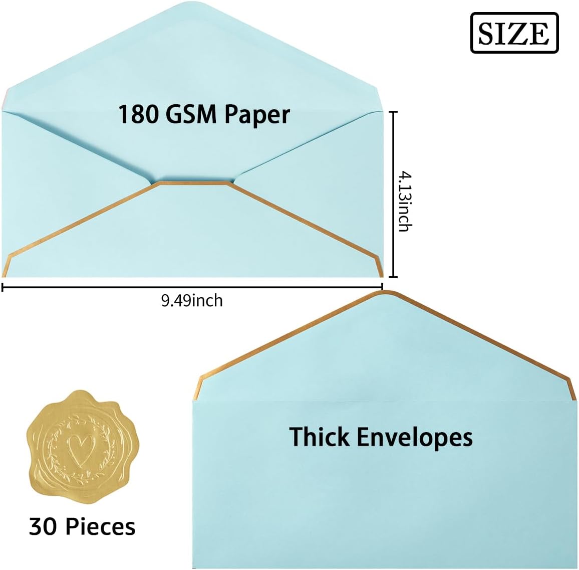 30 Pack Thick #10 Business Envelopes with Gold Border, 4 1/8 x 9 1/2 Thick Paper Standard Envelopes with Stickers for Office, Checks, Letter Mailing, Invoices (Light Blue)