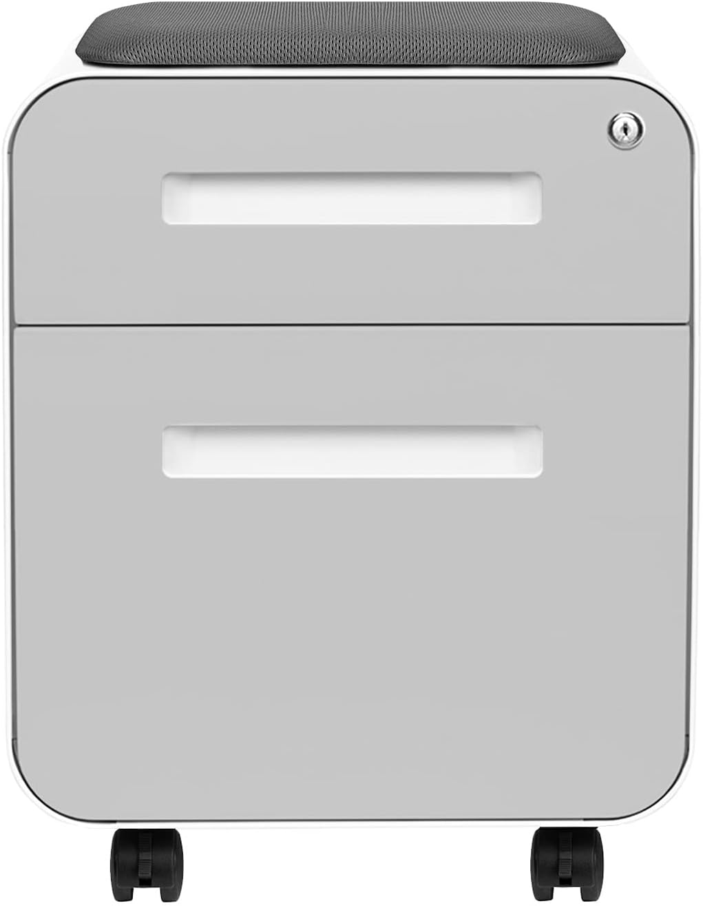 Laura Davidson Furniture STOCKPILE Mini Seated 2 Drawer Mobile File Cabinet with Removable Magnetic Cushion Seat - Short Version, Metal Filing Cabinet, Pre-Assembled, Light Grey Face with Grey Cushion