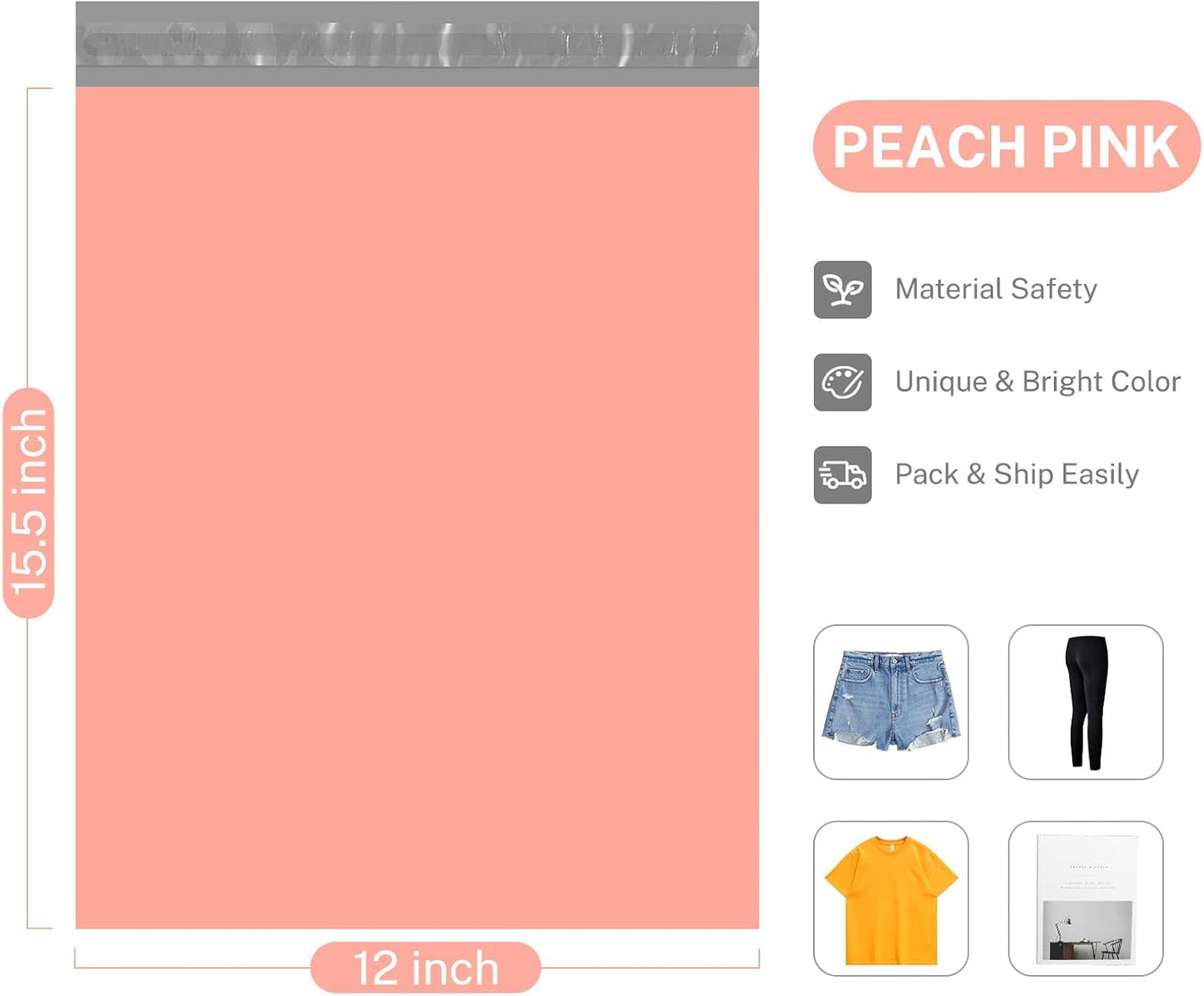Metronic Poly Mailers 12x15.5 100 Pack, Medium Size Shipping Bags for Clothing, Strong Self-Seal Mailers Poly Bags Shipping Envelopes, Thick Mailing Bags Package Bags for Small Business, Peach Pink