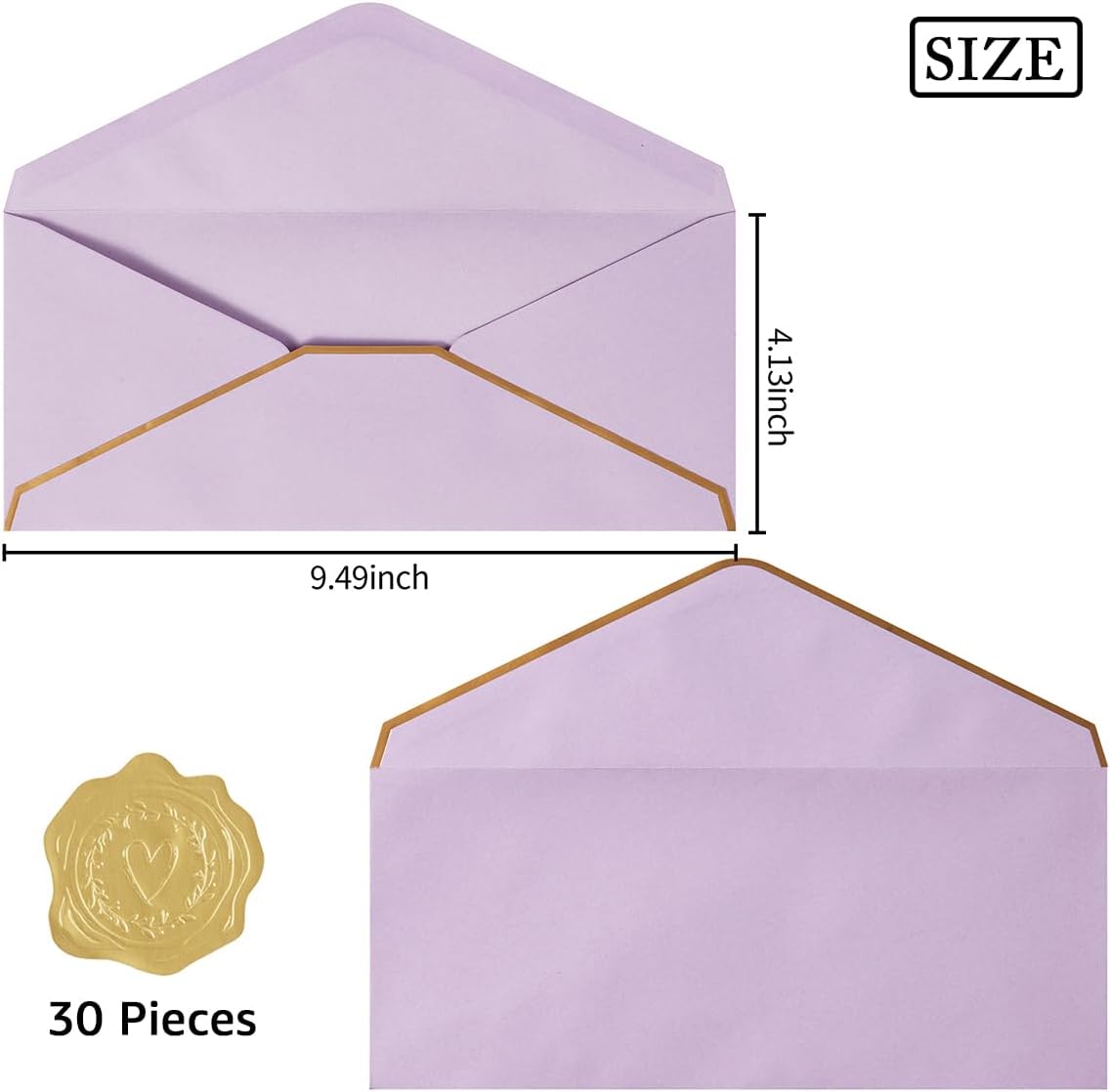 30 Pack Thick #10 Business Envelopes with Gold Border, 4 1/8 x 9 1/2 Thick Paper Standard Envelopes with Stickers for Office, Checks, Letter Mailing, Invoices (Light Purple)