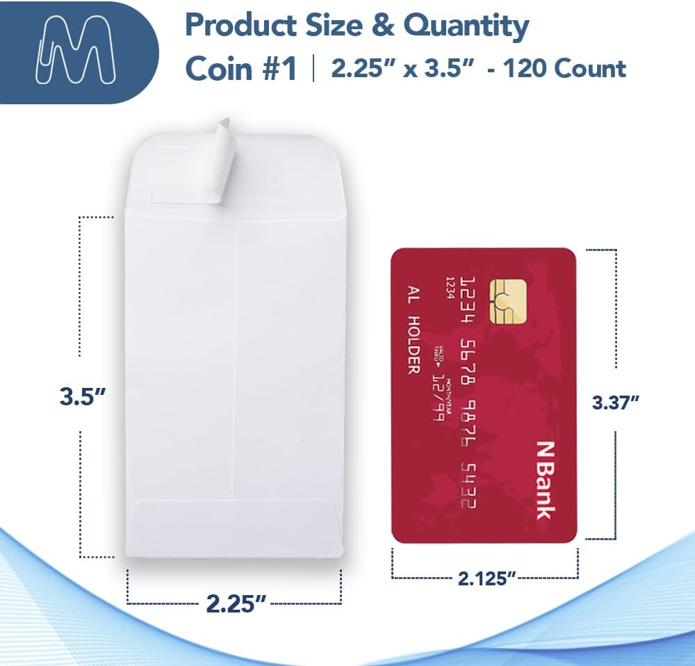 MOS #1 White Coin Envelopes 2.25 x 3.5 Inch 120 Pack — Self-Seal Small Envelopes for Coins, Seeds, Small Parts, Collectibles, Jewelry, Craft Storage