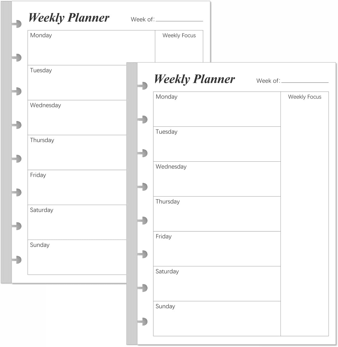 (2-Pack) Weekly Planner Undated Refills - Junior Size 106 Sheets/212 Pages Weekly Planner for 8-Disc Discbound, 100 gsm White Paper, Lasts 1 Year, Undated, 5.8" x 8.3", Black