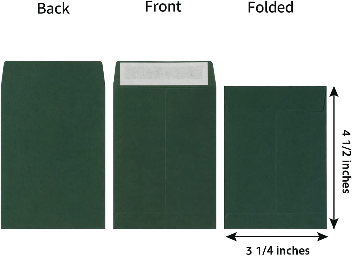 100 Pack Seed Envelopes Self-Adhesive Small Coin Envelopes Seed Storage Packets for Garden, Office or Wedding Gift (Dark Green, 3 1/4 ×4 1/2 inches)