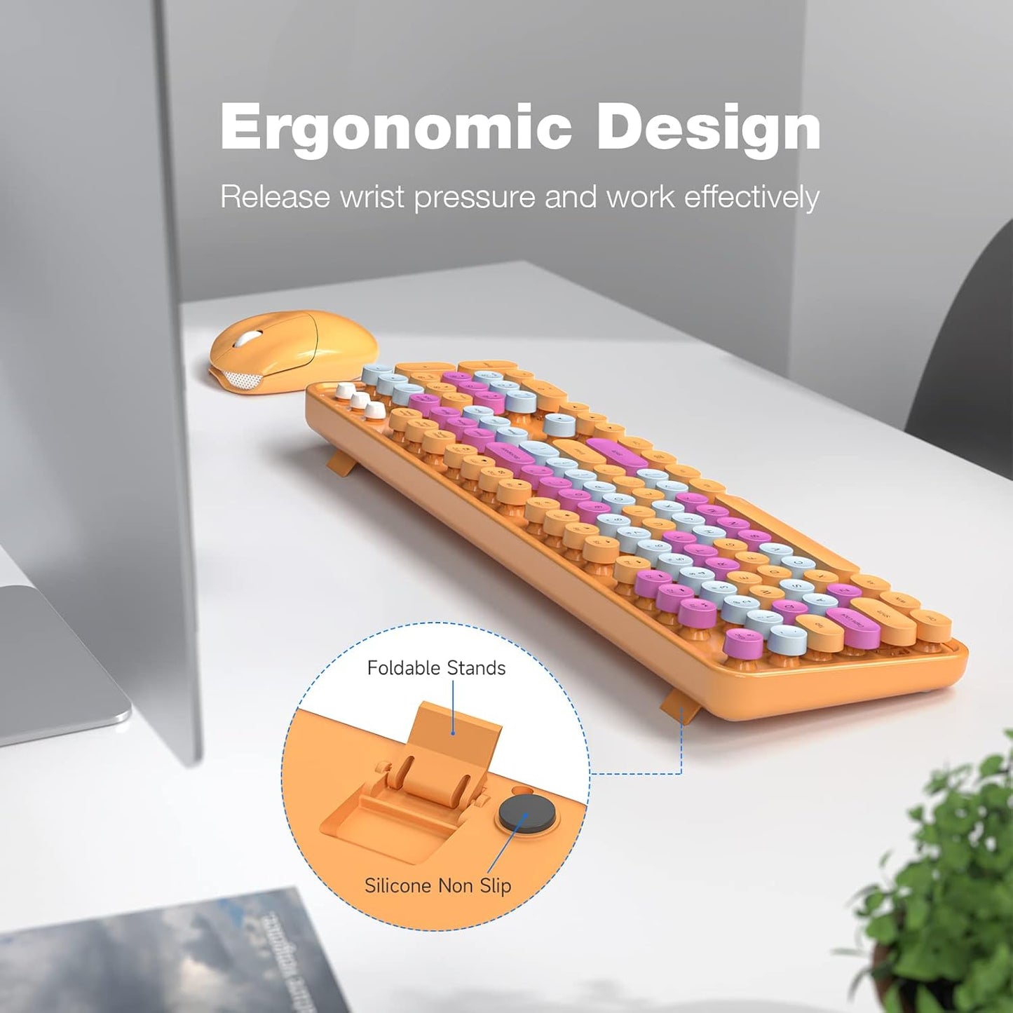 MOFII Wireless Keyboard and Mouse Combo, Retro Wireless Keyboard with Round Keycaps, 2.4GHz Dropout-Free Connection, Cute Wireless Mouse for PC/Laptop/Windows XP/7/8/10 (Orange-Colorful)