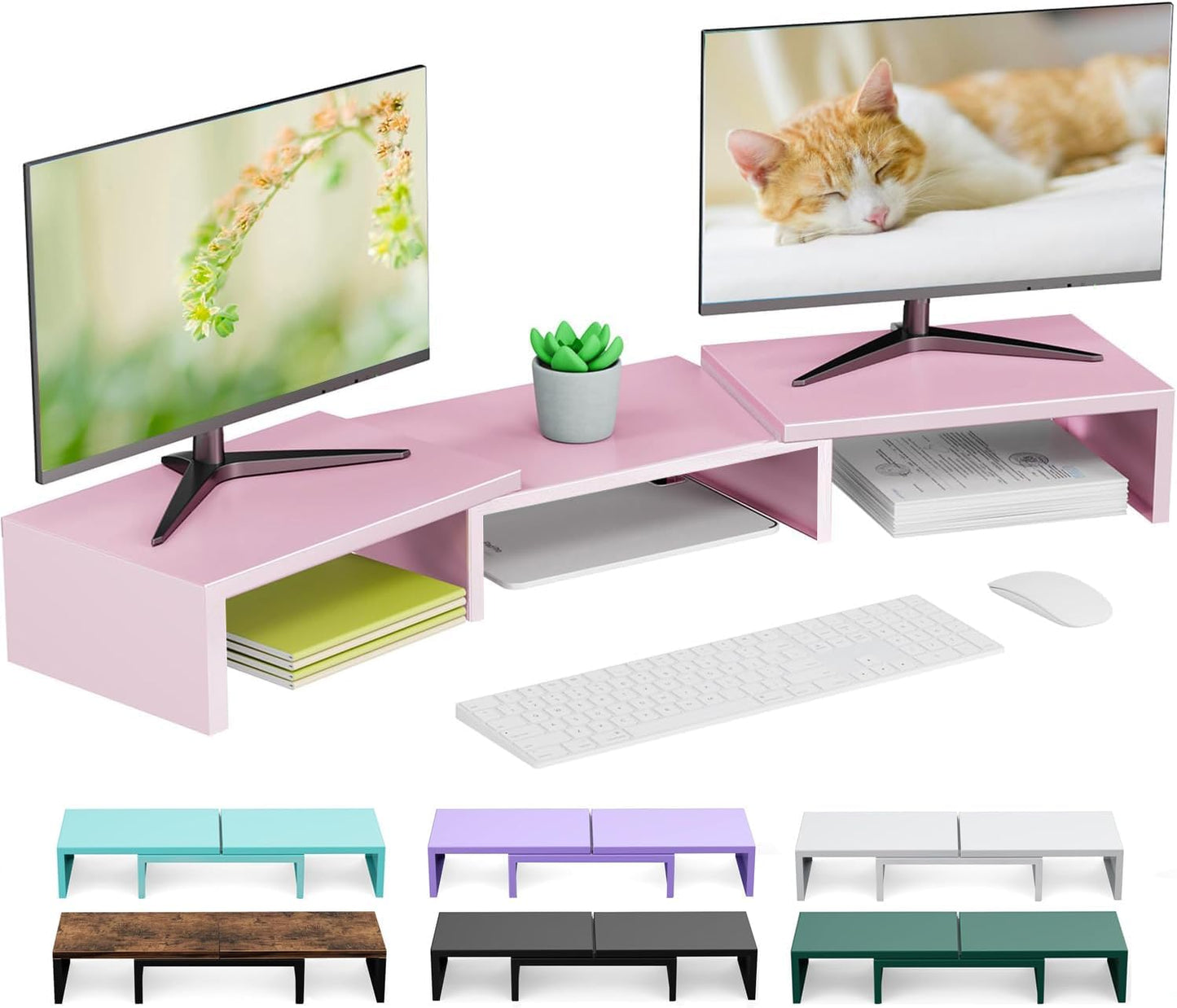 Dual Monitor Stand for Desk, Metal Monitor Riser, Pink office Supplies and Accessories (Pink)