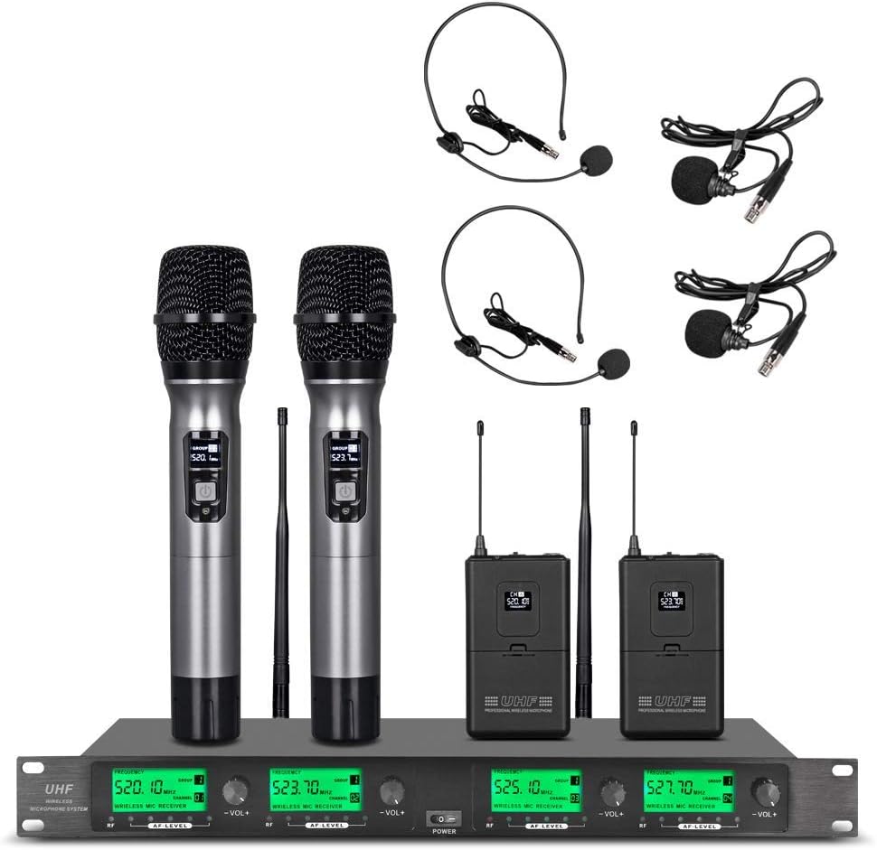 WENWEN Wireless Microphone System UHF 4 Channel 2 Handheld Mic 2 Headset 2 Lavalier Bodypack 2 Lapel Mic Pro Karaoke System Speaking Conference Wedding Party