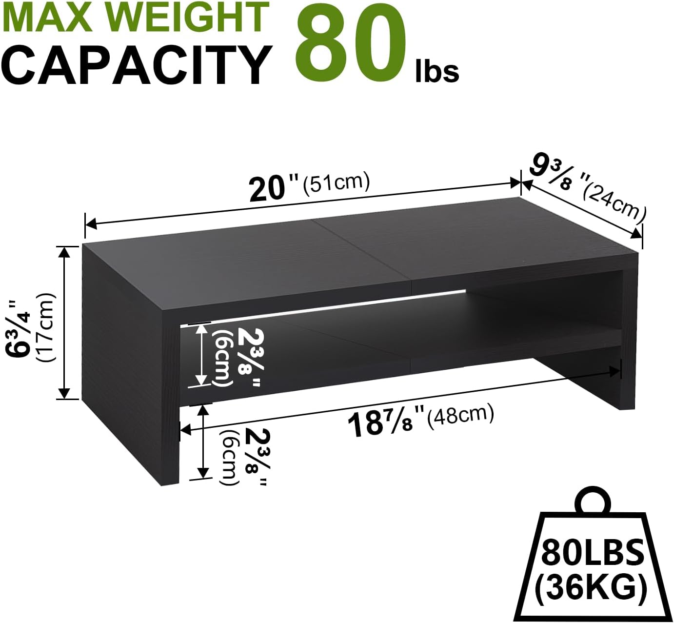 TEAMIX 2 Tiers Wooden Desktop Monitor Stand Riser 20 Inch Printer Stand with Double Storage Small TV Riser Laptop Keyboard Holder Business Desk Organizer Shelf Black Bookshelf