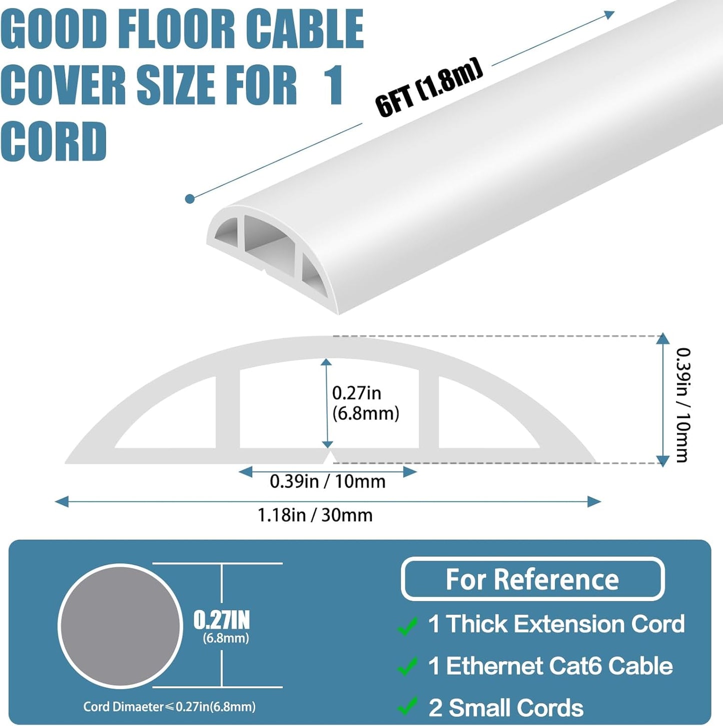 Floor Cord Covers for Wires 6FT Cable Hider Wire Cover Self Adhesive Cord Hider Floor for Offices, Homes, Workshops, Warehouses Cable Cavity 0.39" W x 0.27" H
