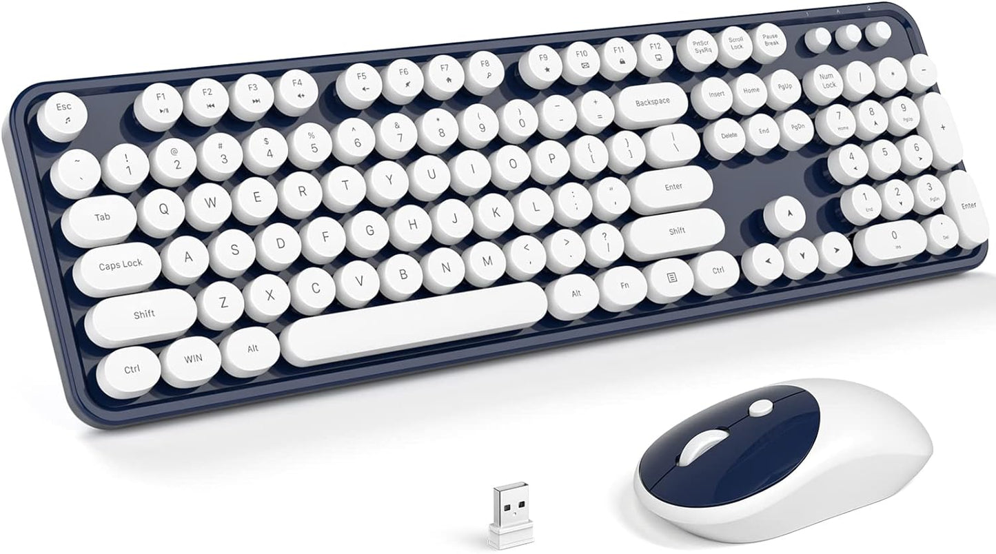 Wireless Keyboard and Mouse, Typewriter Full Size Keyboard with Number Pad and 2 in 1 USB Connected Mouse for Windows 7/8/10, Laptop, Desktop, PC, Computer (Dark-Blue)