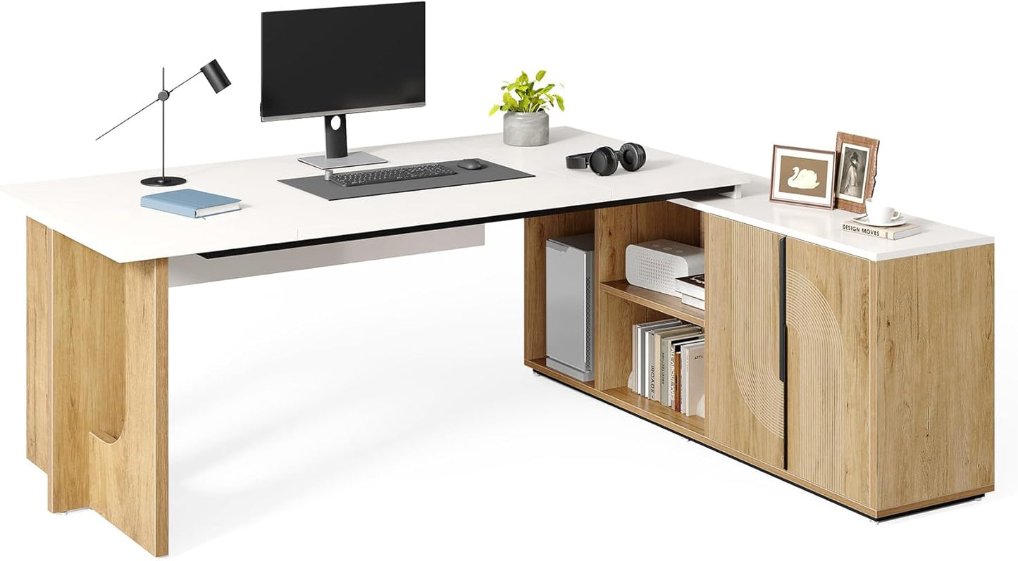 LITTLE TREE 74-Inch Executive L-Shaped Desk with Storage Cabinet & Shelves, Large Home Office Computer Desk, Modern Business Workstation for Professionals (Oak & White)