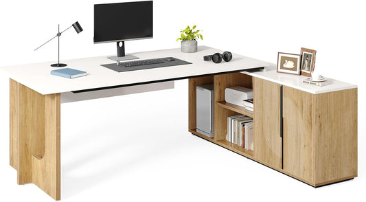 LITTLE TREE 74-Inch Executive L-Shaped Desk with Storage Cabinet & Shelves, Large Home Office Computer Desk, Modern Business Workstation for Professionals (Oak & White)