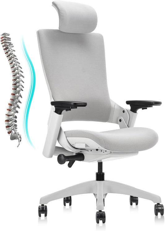 CLATINA Ergonomic High Swivel Executive Chair with Adjustable Height Head 3D Arm Rest Lumbar Support and Upholstered Back for Home Office Gray