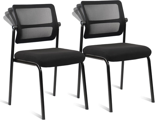 CLATINA Stacking Armless Office Waiting Room Chair with Adjustable Backrest, Stackable Mesh Guest Reception Desk Chairs with Ergonomic Lumbar Support for Conference Lobby Side School, Black, 2 Pack