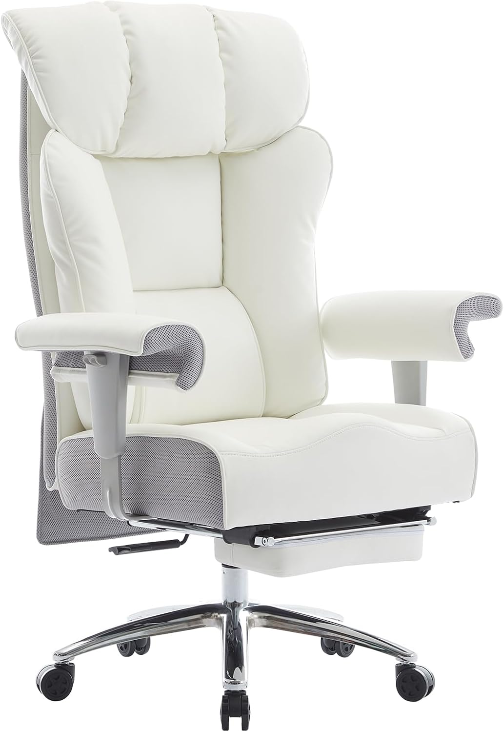 Efomao Big and Tall Office Chair 450LBS with Foot Rest, High Back PU Leather Executive Office Chair with Adjustable Padded Armrests, Lumbar Support for Home or Work, Heavy Duty Computer Chair, White