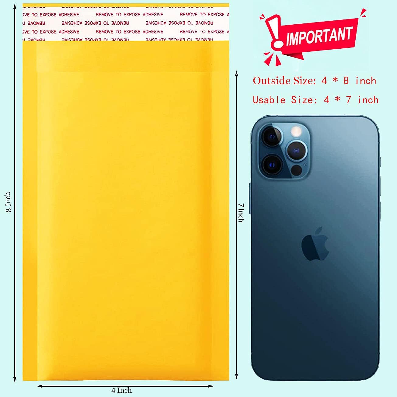 packbabol Kraft Bubble Mailers 4x8 Inch 100 Pcs,Small Self-Sealing Mail Shipping Bags,Yellow Padded Envelopes #000