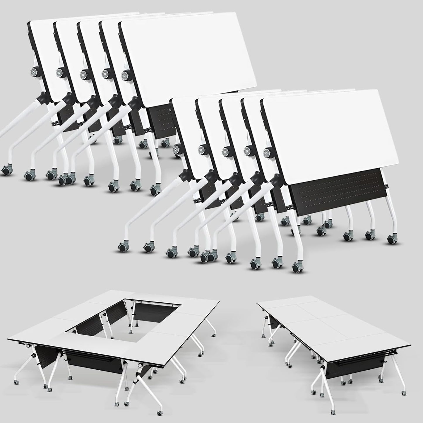 Conference Table, Folding Conference Room Tables, Mobile Training Tables with Silent Wheels, Large Rectangular Modular Seminar Table Office Computer Desks for Classroom White (10Pack L55.1in)