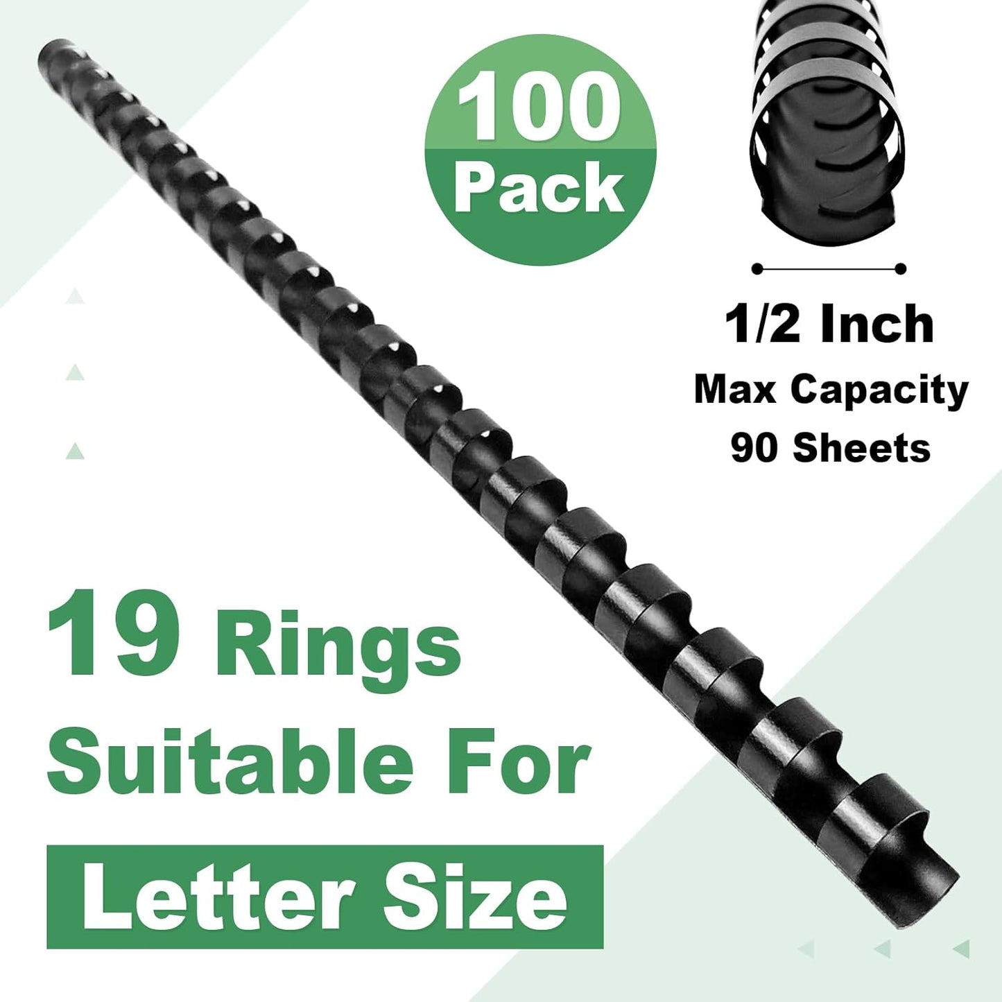 HOUYEE 1/2 Inch Plastic Binding Comb 19 Ring, 90 Sheet Capacity, Letter Size Black Comb Binding Spines (100 Pack)
