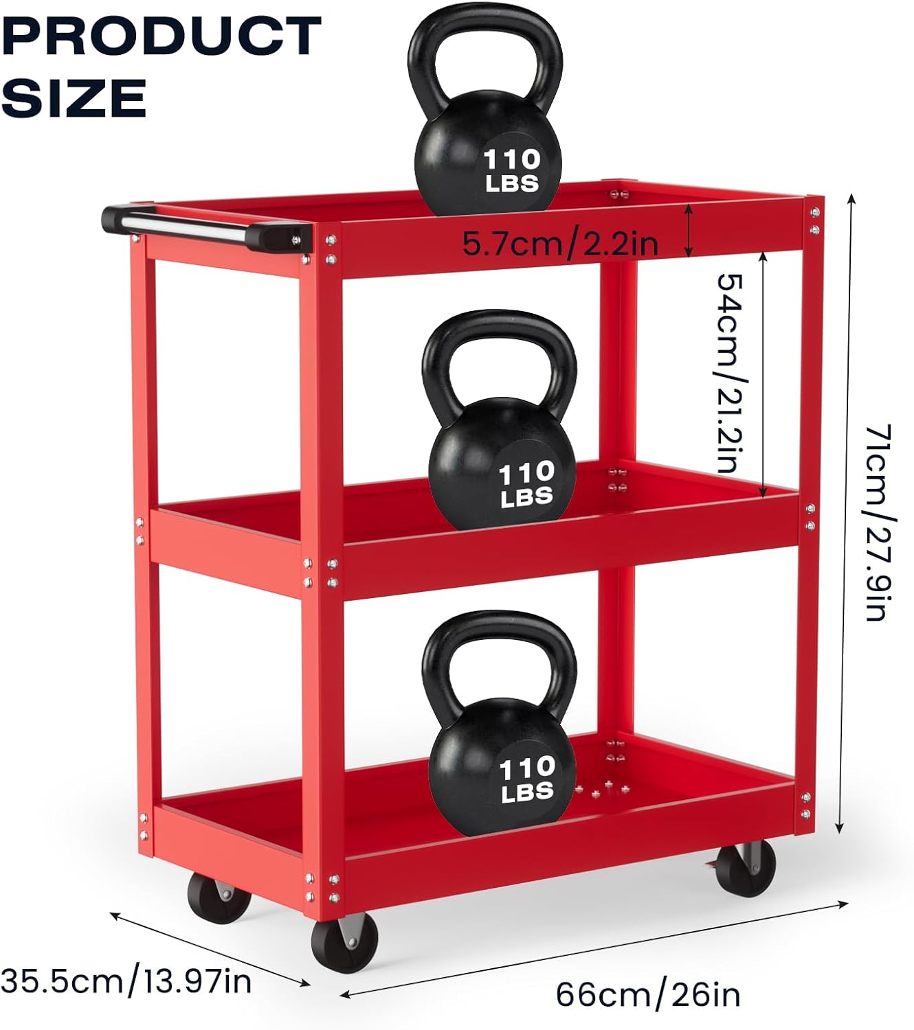 ALANNG 330 LBS Rolling Tool Cart, Heavy Duty Mechanic Cart, Metal Service Cart for Garage Workshop (Red, 1 Pack)