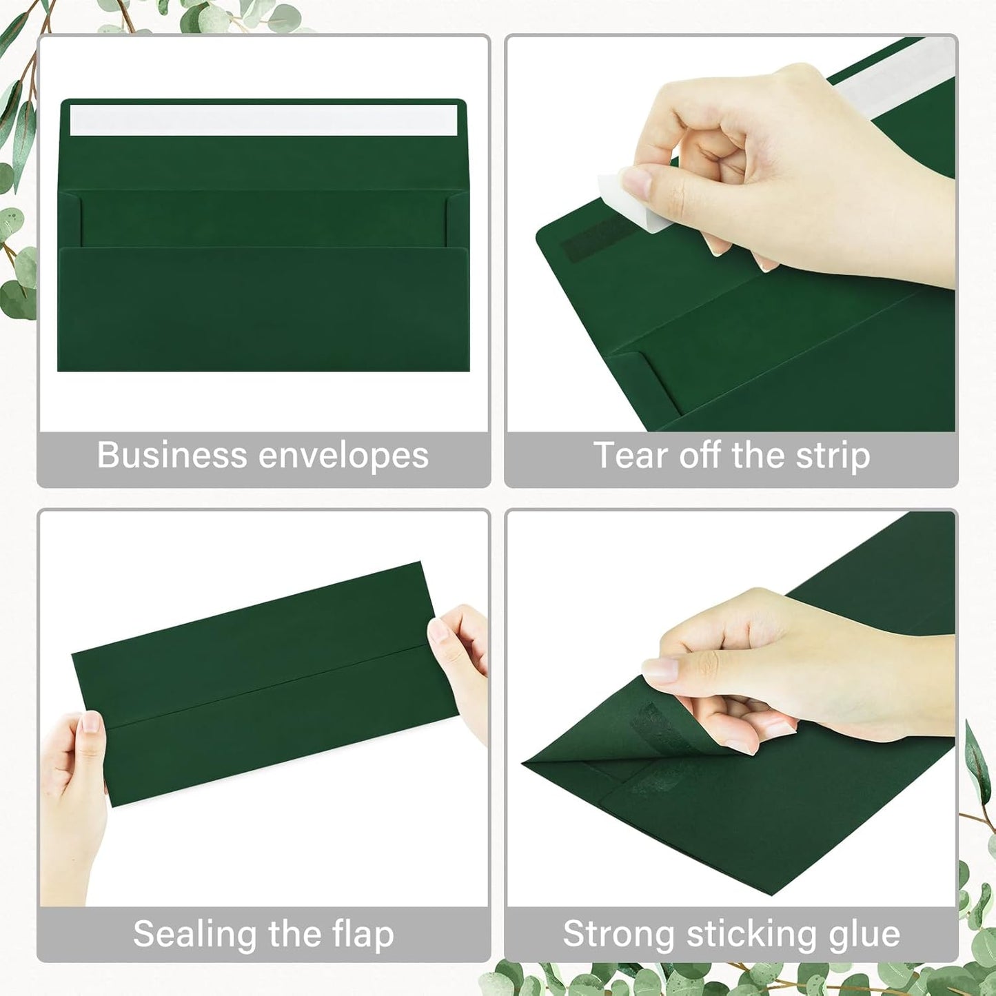 100 Pack #10 Business Envelopes, Self Seal Standard Christmas Dark Green Envelopes for Secure Business & Legal Mailing, Office, Checks, Letter, Invoices, 4 1/8 x 9 1/2 Inches