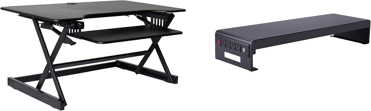 Rocelco 40" Large Height Adjustable Standing Desk Converter with Dual Monitor Stand BUNDLE - Quick Sit Stand Up Computer Workstation Riser - Retractable Keyboard Tray - Black (R DADRB-40-DMS)