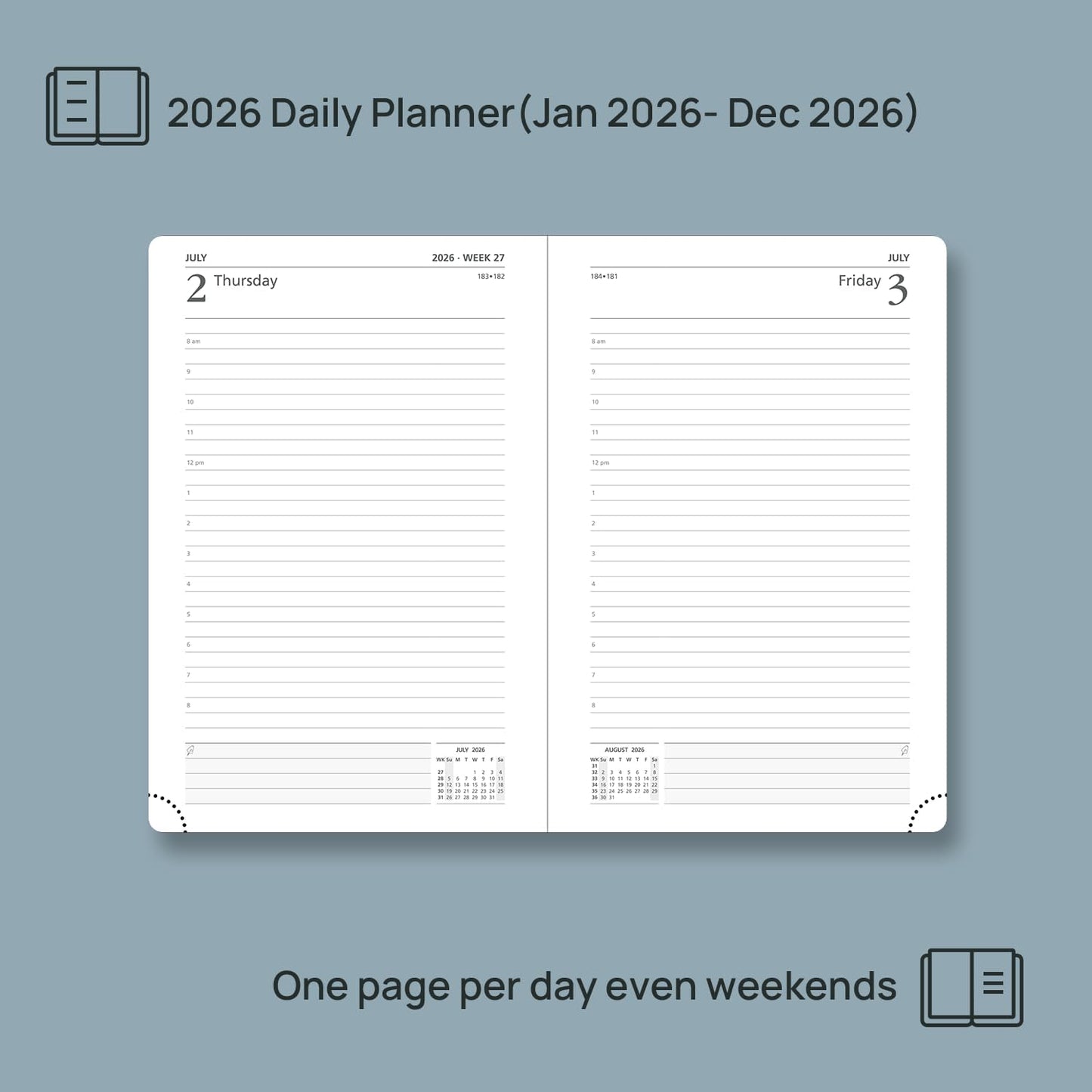 POPRUN 2026 Daily Planner One Page Per Day A5 Size Calendar (5.75" x 8.5") - 12 Months Hourly Appointment Book with Hardcover, Pocket, Pen Holder - Navy Blue