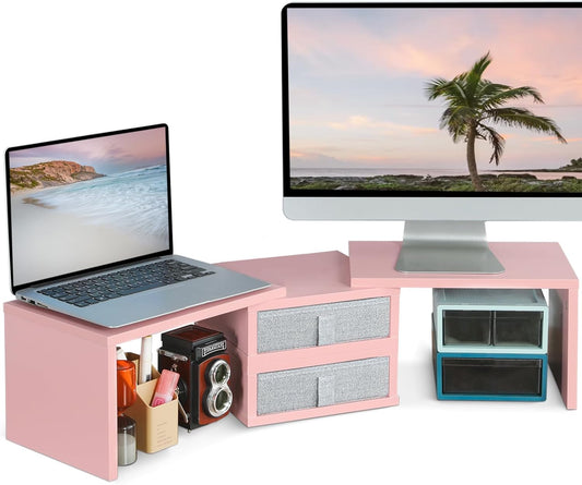 TEAMIX Pink Dual Monitor Stand Riser with 2 Drawers - Length and Angle Adjustable Double Corner Desk Shelf Organizer 37 inch for 2 Laptop/PC/Screen/TV (2 Drawers - 8''H)