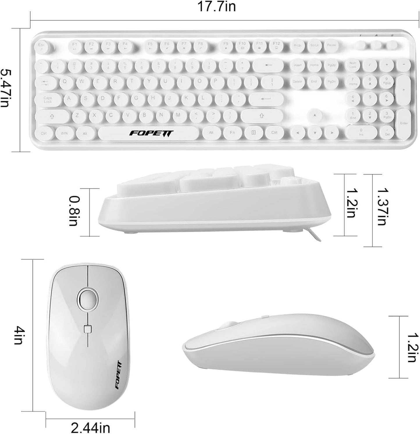 FOPETT Wireless Keyboard and Mouse Combo - 2.4G Full-Sized White Keyboard with Round Keycaps 104 Keys Typewriter Keyboard for Laptop/Windows/PC - White