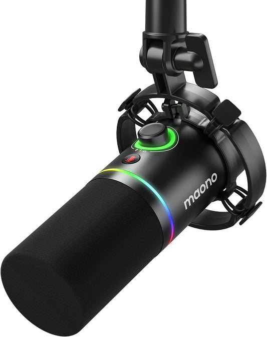 MAONO XLR/USB Dynamic Microphone, RGB Gaming Mic with Software, Mute, Gain Knob, Volume Control and Headphone Jack for Streaming, Podcasting, Recording-PD200X (Black)