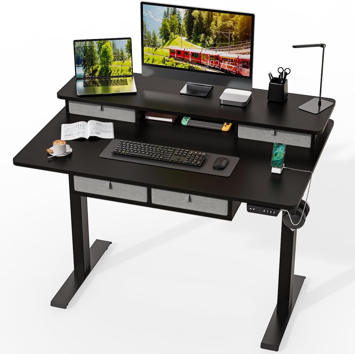 Standing Desk with Fast Charging USB Ports, 48" x 30" Height Adjustable Home Office & Gaming Desk, Sit Stand Desk with Built-in Storage Shelf, Hook & Ergonomic Design(Classic Black)