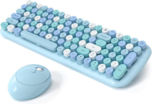 Wireless Keyboard and Mouse Combo, MOWUX - Modern Compact Layout, Colorful Compact Candy Mouse and Retro Round Keyboard Set with Cover, for PC/Laptop/Windows/Mac - Blue Colorful