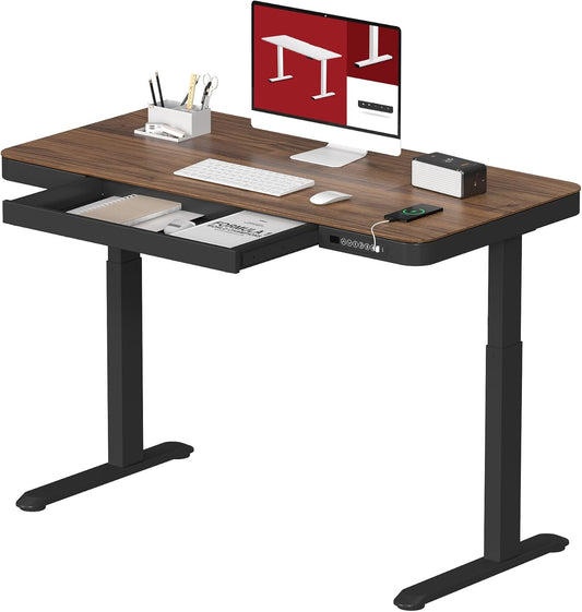 Standing Desk with Drawer, Electric Height Adjustable Home Office Desk with Storage & USB Ports, 48 inch Black Walnut Wood Tabletop/Black Frame