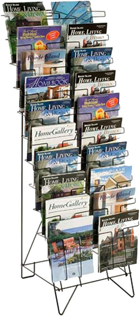 Displays2go Tiered Black Wire Magazine Rack, 19-1/4"w x 25-1/2"d x 51-1/2"h, Free Standing Floor Fixture With 20 Stacked Pockets, Sign Slot