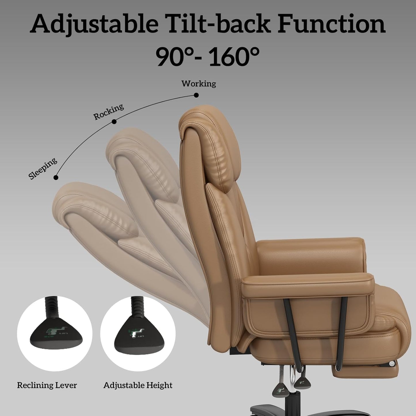 GYI Criss Cross Chair with Wheels, 160°Big and Tall Reclining Office Desk Chair with High Back, Wide Seat, Arms, Footrest, Brown