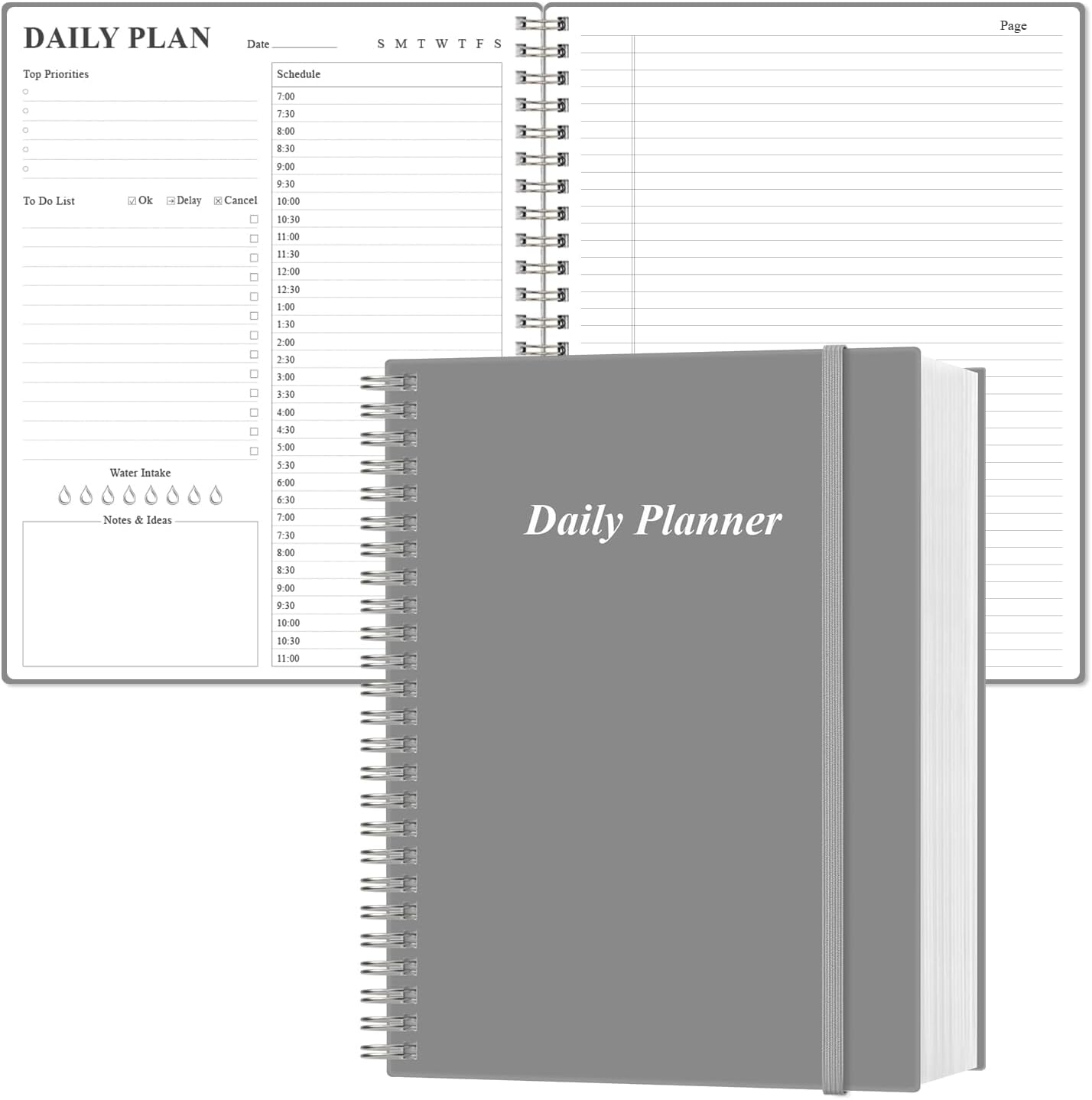 Daily Planner Undated - A4 To Do List Notebook Hourly Schedules, Spiral Appointment Planner for Women and Men,PVC Hardcover, Inner Pocket, Elastic Closure, 8.5" x 11", Grey