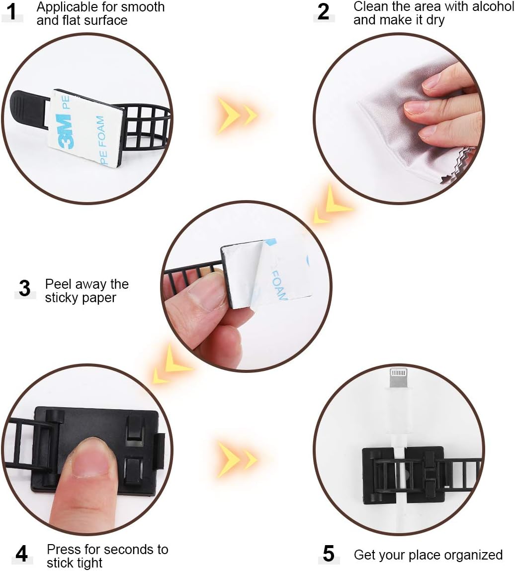 Adhesive Cable Management Clips, 100Pcs Adjustable Nylon Cable Strap Ties Wire Clips Clamps Organizer with Strong Adhesive Tape, Extra Screw & Hole for Strong Fixation Home Office - 3.55 Inch Black