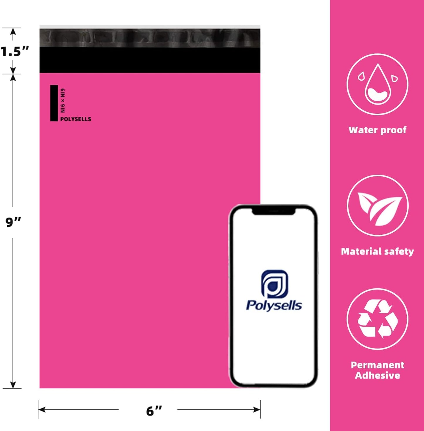 POLYSELLS 100 pcs 6x9 Inches Pink Poly Mailers Shipping Envelopes, Strong Adhesive Sealing, Waterproof, and Tear-resistant Postal Mailing Bags for Clothing, Books, and Accessories