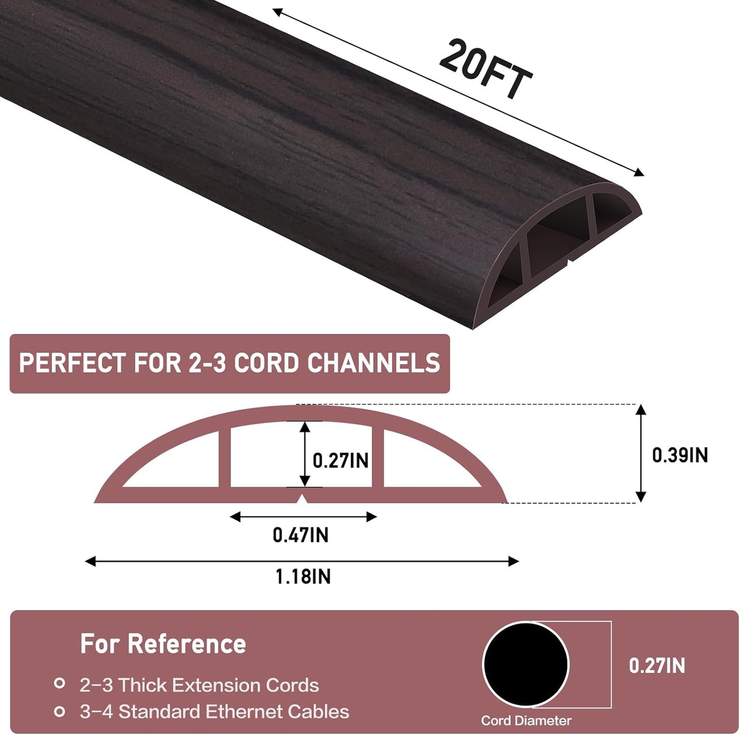 Floor Cord Cover Self Adhesive Cord Hider Floor Extension Cord Covers for Floor Power Cord Protector Cable Management Prevent Cable Trips Cable Cavity 0.47" W x 0.27" H (Dark Walnut, 20Ft)