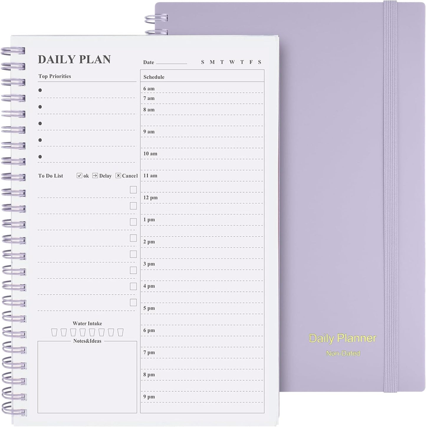 Asten Daily Planner Notebook, Undated To Do List with Hourly Schedules, Spiral Binding, Appointment Planner for Men & Women, ADHD-Friendly, Purple, 8.3" x 5.8"
