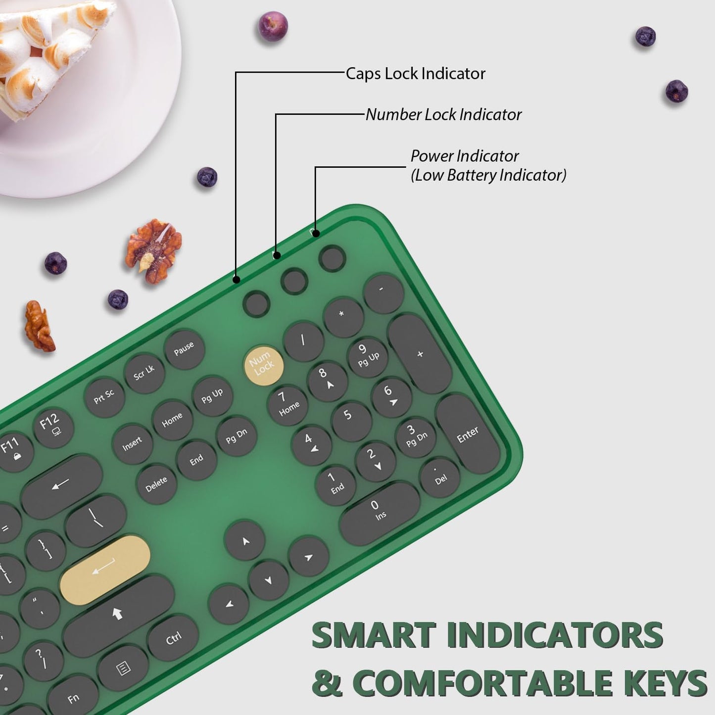 Wireless Keyboard,KOOTOP Cute Colorful 104 Keys Typewriter Retro Round Keycaps Keyboard for PC Laptop,Desktop,Windows, Home and Office Keyboards (Black Green)