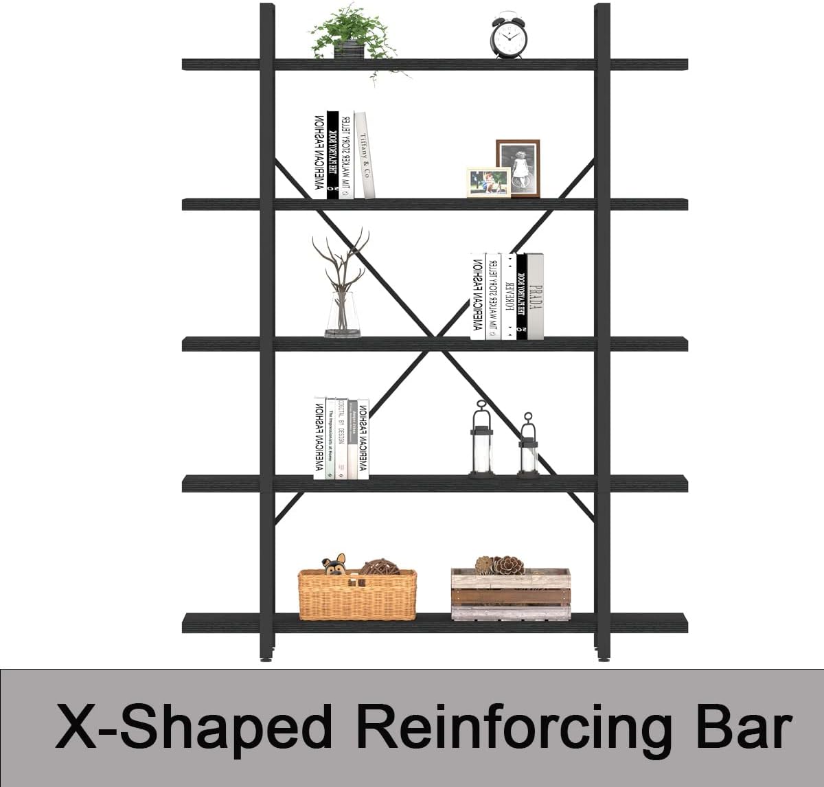 HSH 5 Tier Tall Black Bookshelf, Wood and Metal Storage Book Rack, Industrial Modern Etagere 5 Shelf Bookcase, Large Wide Open Display Book Shelf for Bedroom Living Room Office, Bookshelves Heavy Duty