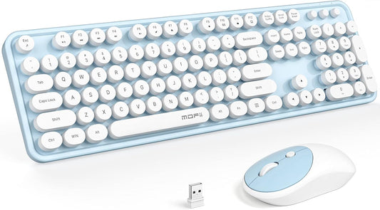 MOFII Wireless Keyboard and Mouse Combo, Computer Full Size 2.4G Plug and Play Wireless Typewriter Retro Round Keyboard and Mouse Set for Windows, Computer, Desktop, PC, Notebook - (Light Blue)