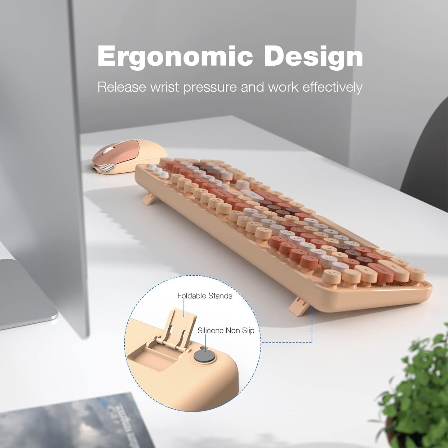 Wireless Keyboard and Mouse Combo, 104 Keys Full-Sized 2.4 GHz Round Keycap Colorful Keyboards, USB Receiver Plug and Play, for Windows, PC, Laptop, Desktop (Milk Tea)