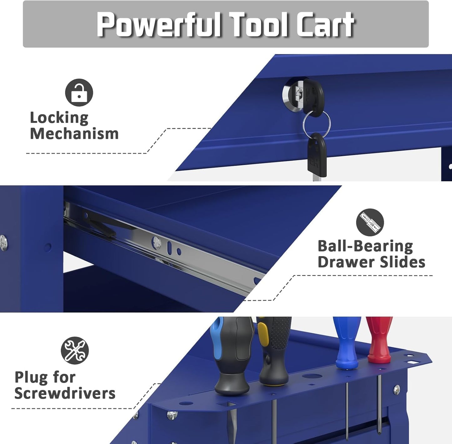3 Tray Rolling Tool Cart, 400 LBS Capacity Mechanic Tool Carts on Wheels, Heavy Duty Utility Cart with Drawers, Metal Work Cart for Garage, Warehouse and Repair Shop, Blue