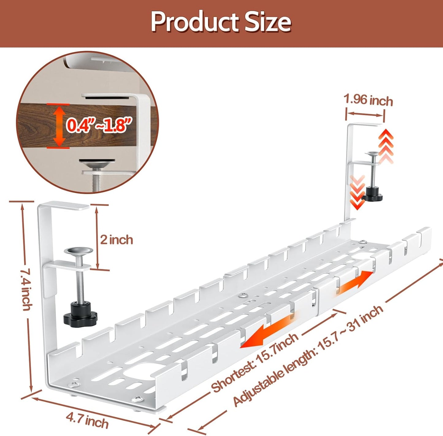 Shikha Cable Management Under Desk, 15.7"-31" Retractable Cable Management Tray, No Drilling Cord Organizer with Clamp for Desk, Under Table Wire Management Tray for Home Office -White