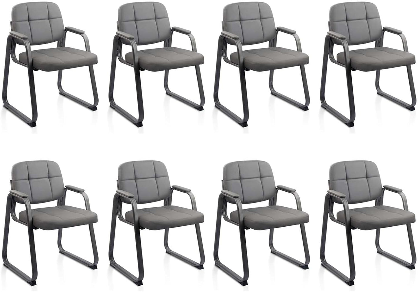 CLATINA Waiting Room Guest Chair with Bonded Leather Padded Arm Rest for Office Reception and Conference Desk Black with Sled Base Grey 8 Pack