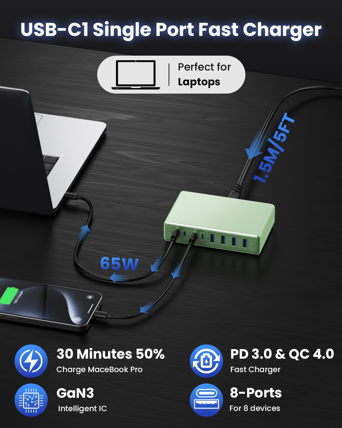200W USB C Charger Block,8-Ports GaN III Fast Charging Station Hub,QC4.0+PD 65W Laptop Charger Wall Chargers Power Adapter for MacBook Pro/Air,DELL,Steam Desk,iPhone 16/15,iPad,Galaxy S25,Pixel-Green