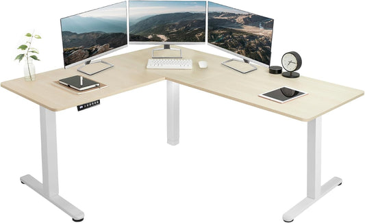 VIVO Electric Corner L-Shaped 63 x 55 in Standing Desk, Memory Height Adjustment, Light Wood Top White Frame, DESK-E3CTC