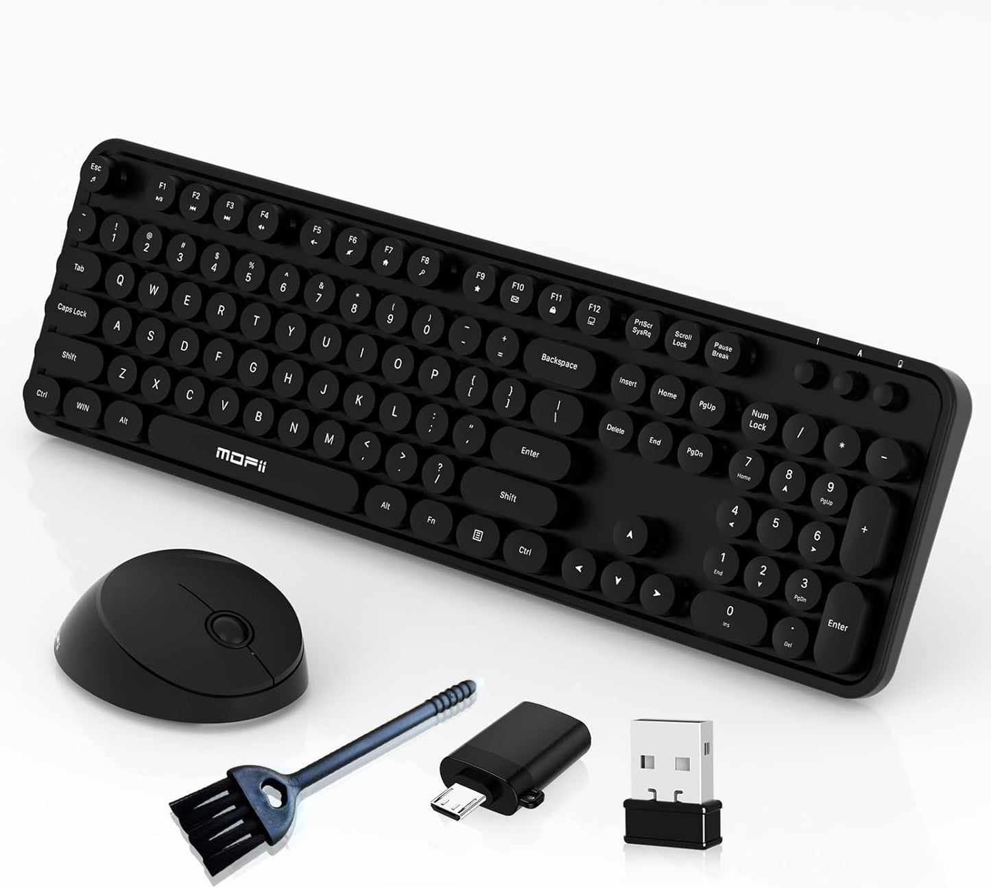 Wireless Keyboard and Mouse Combo, MOFII 104 Keys Full-Size Retro Round Keys Typewriter Keyboards Ergonomic Keyboards and Mouse Wireless for Windows, PC, Laptop, Desktop Black