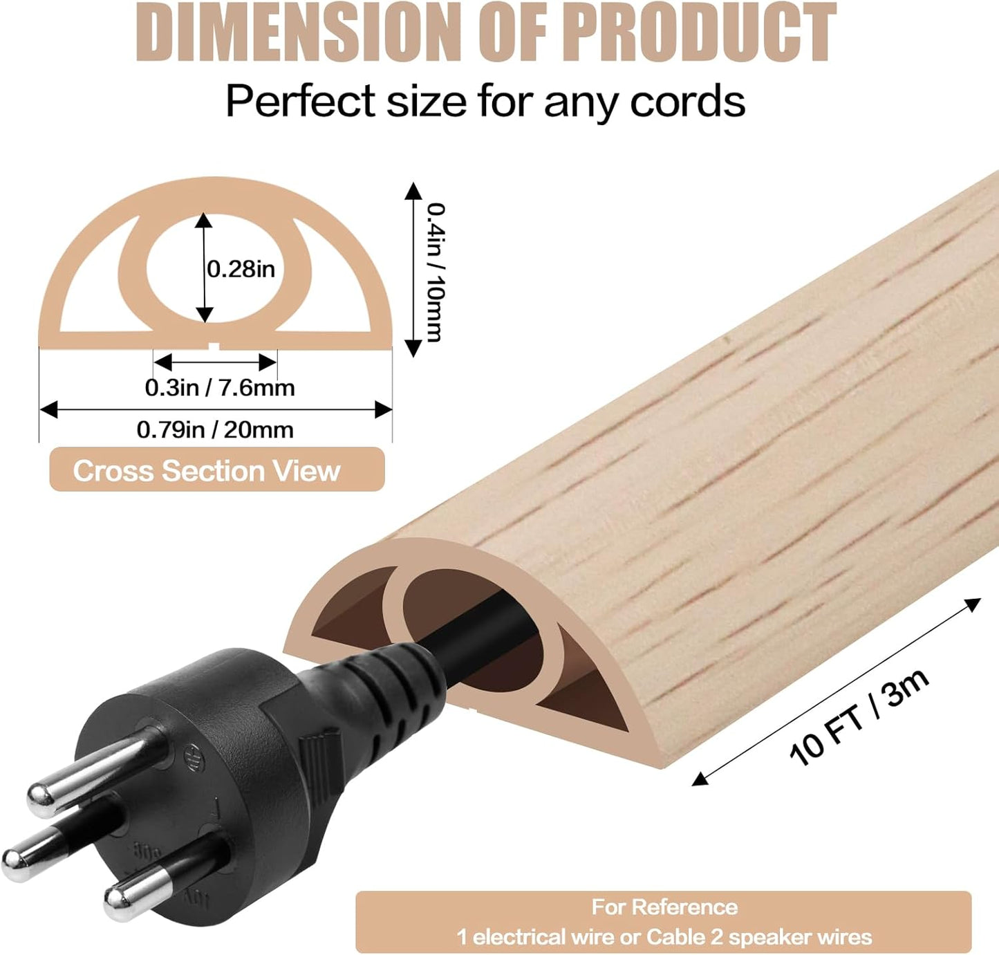 Floor Cord Cover Self Adhesive Cord Hider,10FT Cable Management, Extension Strip Protector for Wires, Prevent Cable Trips for Offices, Gyms, Exhibitions Cavity:0.3"(W) x 0.28"(H) Yellow Wood